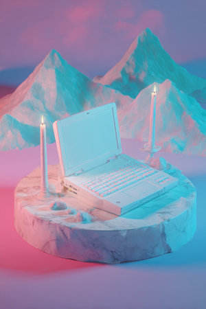 A white laptop and burning candles are displayed on a platform.の素材