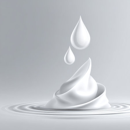 A white liquid swirls and ripples as drops of liquid fall.の素材
