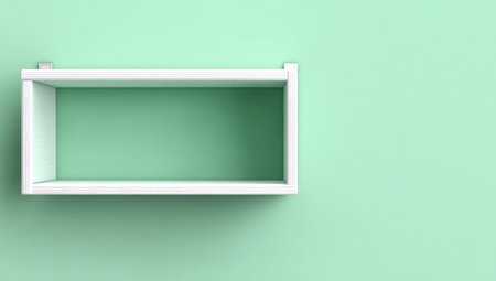 A modern white shelf is mounted on a plain pastel green wall.の素材