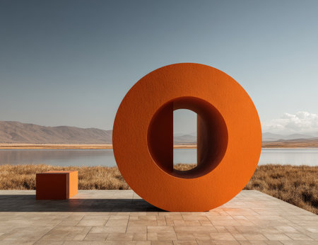 Abstract orange geometric sculptures are placed in a minimalist outdoor environment.の素材