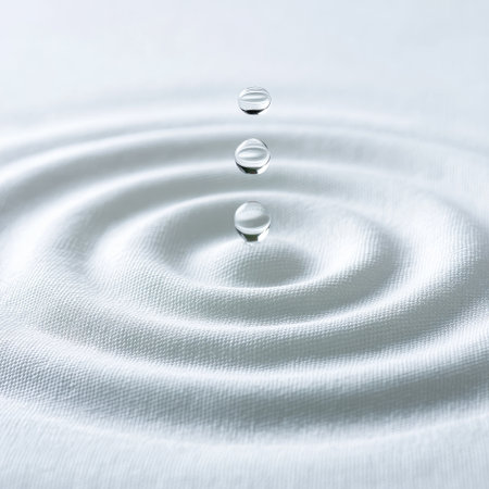 Water droplets impact a textured surface, creating concentric ripples.の素材