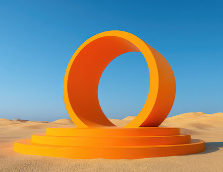 An abstract orange geometric structure stands on a sand dune against a clear blue sky.の素材