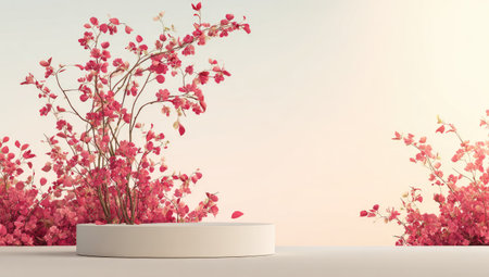 A minimalist white podium showcases delicate pink blossoms against a soft background.の素材