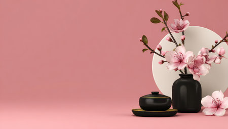A minimalist arrangement of pink blossoms in a vase with a round backdrop.の素材