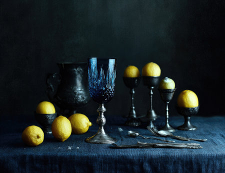 A still life arrangement featuring lemons in antique holders, a blue goblet, and silverware.の素材