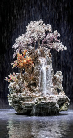 A miniature rock garden with a cascading waterfall and trees.の素材
