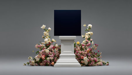 A minimalist pedestal with abundant flowering roses against a neutral backdrop.の素材