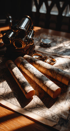 Vintage nautical instruments and maps are arranged on a surface with dramatic lighting.の素材