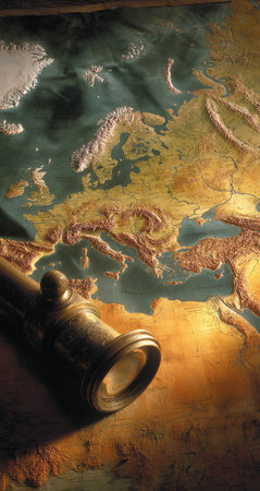 An antique telescope lies on a detailed relief map of Europe and Africa.の素材