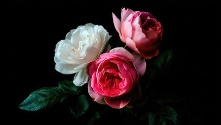 Three roses of varying colors and green leaves are presented against a dark backdrop.の素材