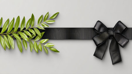 A green branch lies beside a black ribbon with a bow.の素材