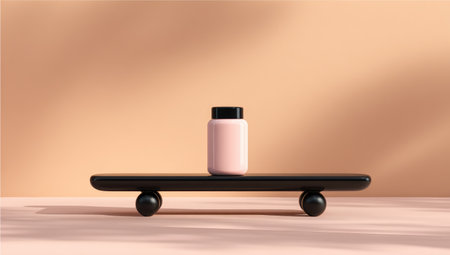 A pink container sits on a sleek black display stand against a soft background.の素材