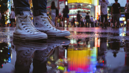 Feet in white high-top sneakers standing on a wet city street reflecting lights.の素材