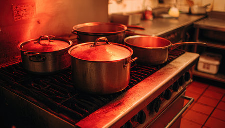 Pots and pans are heated on a commercial gas stove in a kitchen.の素材