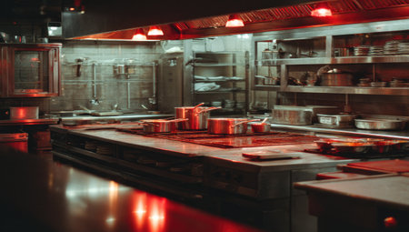 A professional commercial kitchen with stainless steel counters, pots, and cooking equipment.の素材