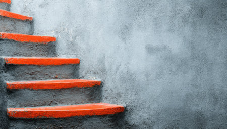 Textured concrete stairs with bright orange risers against a gray wall.の素材