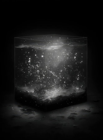 A contained galaxy with glowing stars and nebulae within a transparent cubic vessel.の素材