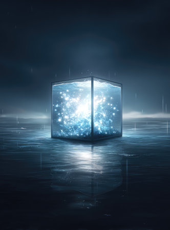 Glowing particles fill a cube submerged in water with reflections.の素材