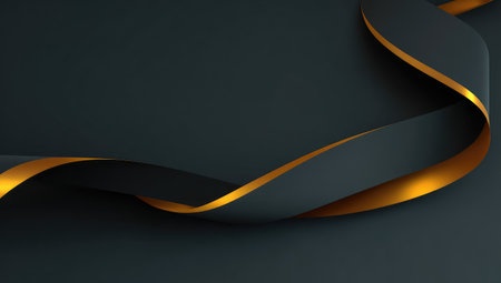 Dark abstract background features a flowing ribbon with gold highlights.の素材