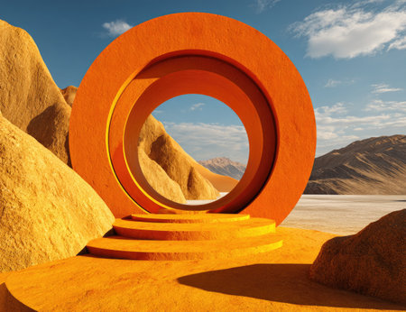 Abstract desert landscape featuring an orange circular archway and steps.の素材