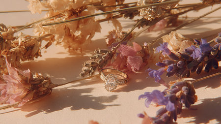 High angle,  photograph captures two gold bands, one featuring a prominent faceted stone, lying on a pale surface amidst scattered dried flowers in shades of muted pink, beige, and soft purple lavender, with strong, directional sunlight casting defined shadows.の素材
