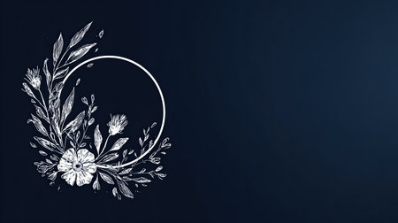 Stylized, white, hand-drawn sketch featuring various leaves and flowers clustered around a perfect circular outline, set on a deep, dark blue or navy background that offers significant empty space for text or additional content.の素材
