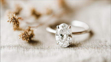 Photograph captures a dazzling, oval-cut clear gemstone set in a simple metallic band, positioned on a light, textured fabric surface, with out-of-focus dried, light brown botanical sprigs softly framing the left side of the luxurious piece of jewelry.の素材