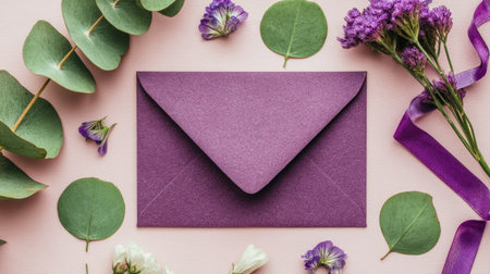 Flat lay composition featuring a closed, textured purple envelope placed on a pale pink surface. The envelope is artfully framed by round green eucalyptus leaves, small loose purple flower petals, a sprig of dried purple blossoms, and a flowing deep purple satin ribbon.の素材