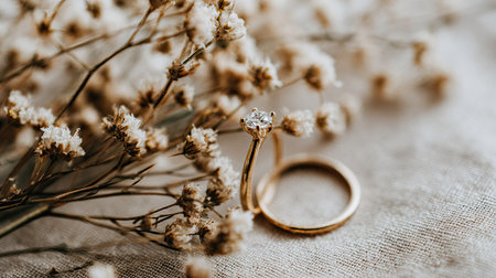 Photograph featuring two gold-toned wedding bands resting next to dried white floral sprigs. One band showcases a prominent, brilliant single stone, while the other is a simple, smooth circle. The objects are positioned on a lightly textured, neutral-colored fabric, suggesting themes of marriage, romance, and timeless elegance, emphasized by the soft, warm lighting and shallow depth of field.の素材