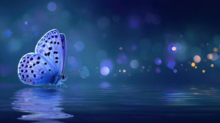 Richly detailed,  view of a bright blue butterfly with dark spots on its wings, positioned just above the surface of dark, subtly rippled water. The background features a deep blue and purple gradient filled with numerous soft, circular out-of-focus lights creating a mystical bokeh effect, with reflections visible on the water below the insect.の素材