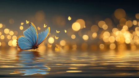 Close up of a striking blue butterfly perched on a reflective water surface, while numerous smaller, golden, out-of-focus lights create a warm, shimmering bokeh background suggesting twilight or a magical setting.の素材