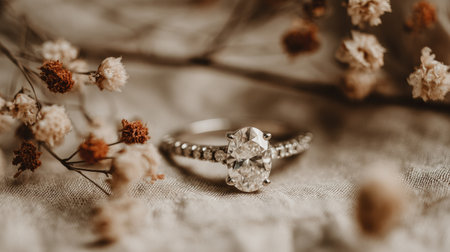 , shallow depth of field photograph featuring an elegant ring with a prominent oval-cut central clear gemstone flanked by smaller stones set along the band, resting on a subtly textured, muted beige fabric surface, complemented by out-of-focus dried floral elements in soft, earthy tones surrounding the piece.の素材