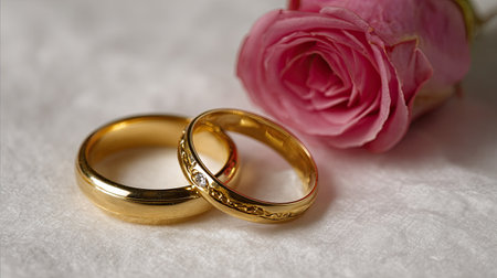 , shallow depth of field photograph featuring two lustrous gold wedding rings lying next to a softly colored pink rosebud resting on a textured white or light-colored surface.の素材