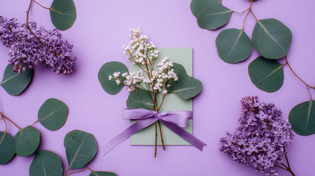 Top-down view composition featuring clusters of deep purple lilac flowers and sprigs of green eucalyptus leaves surrounding a central light green card. The card is adorned with a small bouquet of tiny white flowers tied with a purple satin ribbon, all set against a solid, light lavender background, suggesting themes of spring, greetings, or quiet celebration.の素材
