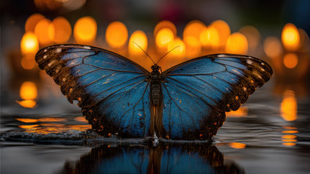 Photograph captures the striking beauty of a large blue butterfly with its wings spread open, perched low on a damp, dark surface which reflects the creature. The background is intentionally blurred into soft, warm, circular orbs of orange light, creating a dramatic contrast and a serene, almost magical atmosphere around the central subject.の素材