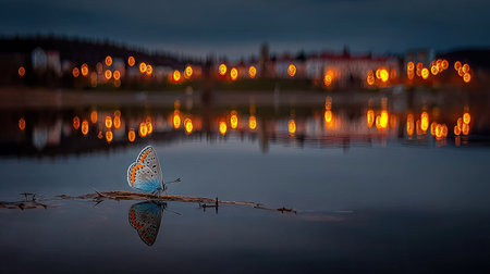 View of a small butterfly, predominantly blue with orange markings on its wings, resting on a piece of wood or debris that is barely floating on a dark, still body of water. The background is significantly out of focus, displaying numerous warm, circular bokeh lights from distant buildings reflecting vibrantly on the water's surface, creating a strong visual contrast between the sharp subject and the abstract background during twilight hours.の素材