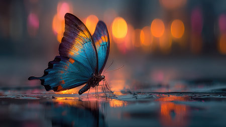 Macro photograph captures a strikingly colored butterfly, predominantly blue with orange accents on its wings, delicately perched on a slick, wet surface. The background is filled with warm, circular out-of-focus lights, creating a beautiful bokeh effect that reflects softly on the moist ground beneath the insect.の素材