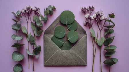 Composition viewed from above featuring an open, textured paper envelope lying centrally on a light lavender surface, containing several rounded eucalyptus leaves, flanked symmetrically by sprigs of eucalyptus branches on the left and right, with small clusters of light purple and white blossoms interspersed among the greenery.の素材