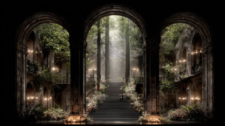 Dramatic, dimly lit scene viewed through three large, dark, stone arches, revealing a long, central staircase ascending into a bright, misty forest backdrop. The surrounding ruined walls are heavily encroached upon by lush green foliage and illuminated by numerous small, warm lights suggesting candles or antique lamps, creating a highly atmospheric and mysterious setting.の素材