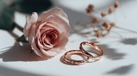 Still life composition featuring two matching rose gold wedding or commitment bands resting on a bright white surface alongside a single, soft pink or blush colored rose, with soft natural light casting subtle shadows and highlights on the objects and background, suggesting themes of enduring love and partnership.の素材