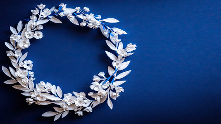 Overhead view capturing a circular arrangement of white flowers and leaves, possibly crafted from paper or a similar material, set against a richly textured, solid dark blue backdrop, leaving significant negative space on the right side for text or further design elements.の素材