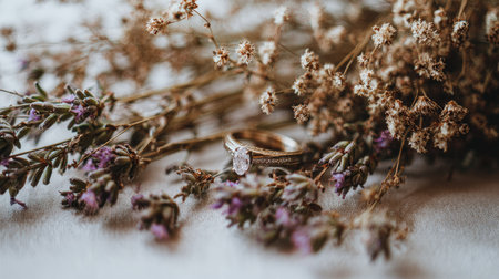 , shallow depth of field photograph captures an elegant, oval-cut gemstone ring nestled amongst dried botanical elements, including stalks of muted purple lavender and clusters of tiny, dried white-to-tan blossoms, all resting on a light, softly textured surface.の素材