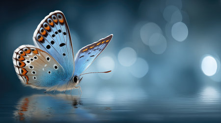 Intricately detailed, brightly colored blue butterfly with orange and black markings on its wings rests carefully on the rippling surface of water, creating a clear reflection below. The background is composed of a deep, cool blue tone with several soft, circular out-of-focus lights creating a beautiful bokeh effect.の素材