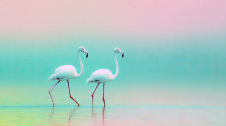 Two elegant, nearly white flamingos are depicted wading in calm, shallow water against a softly gradient background featuring shades of pastel pink, aqua, and turquoise, creating a tranquil and minimalist natural scene.の素材
