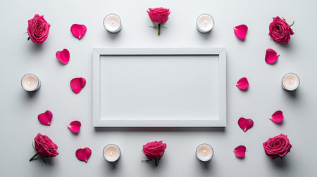 Overhead view of a rectangular white picture frame centered on a light gray surface, decorated with several fully bloomed deep pink roses, numerous individual pink petals scattered around, and small, lit white candles positioned symmetrically around the frame, creating a romantic or commemorative setting with ample copy space in the center.の素材