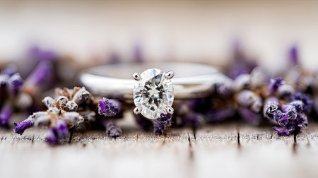 Sharply focused  shot highlights the brilliant cut of a clear solitaire gemstone set in a light-colored metal band. The ring is nestled amongst dried sprigs of purple lavender flowers resting on a pale, weathered wooden plank, creating a soft, romantic contrast between the hard, reflective material and the dried floral elements.の素材