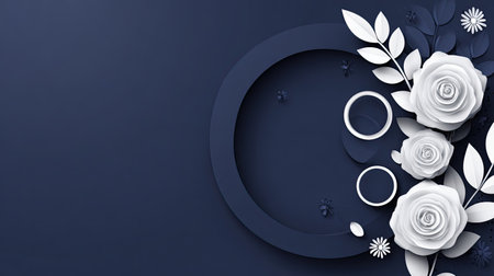 Sophisticated paper-cut style illustration featuring prominent white roses and leaves clustered on the right side, contrasting against a deep navy blue background. A large, dark blue circular frame dominates the right portion, overlaying smaller white rings and tiny accent flowers scattered throughout the composition, leaving ample negative space on the left for text or further design elements.の素材