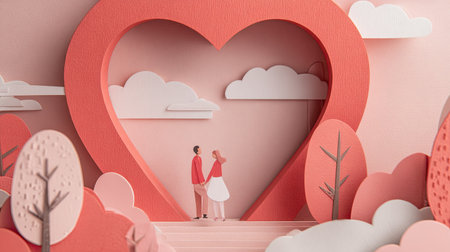 Meticulously crafted paper art scene dominated by a large, deep pink heart structure framing a miniature depiction of a man and woman holding hands. The setting incorporates soft pink and white layered elements resembling clouds and stylized trees, creating a romantic, dimensional landscape suitable for themes of love and affection.の素材