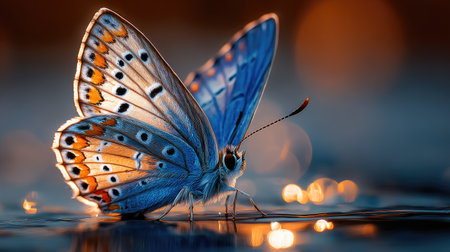 Extremely  photograph focusing on a small butterfly with strikingly blue upper wing surfaces and lower wings featuring orange patches and dark spots, illuminated by warm, golden backlighting that creates soft bokeh circles in the blurred background and reflects subtly on the damp ground beneath its delicate legs.の素材