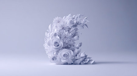 Monochromatic, three-dimensional rendering featuring an intricate collection of sculpted flowers and leaves arranged into the form of a crescent moon, set against a very light, uniform background with subtle shading on the ground plane.の素材